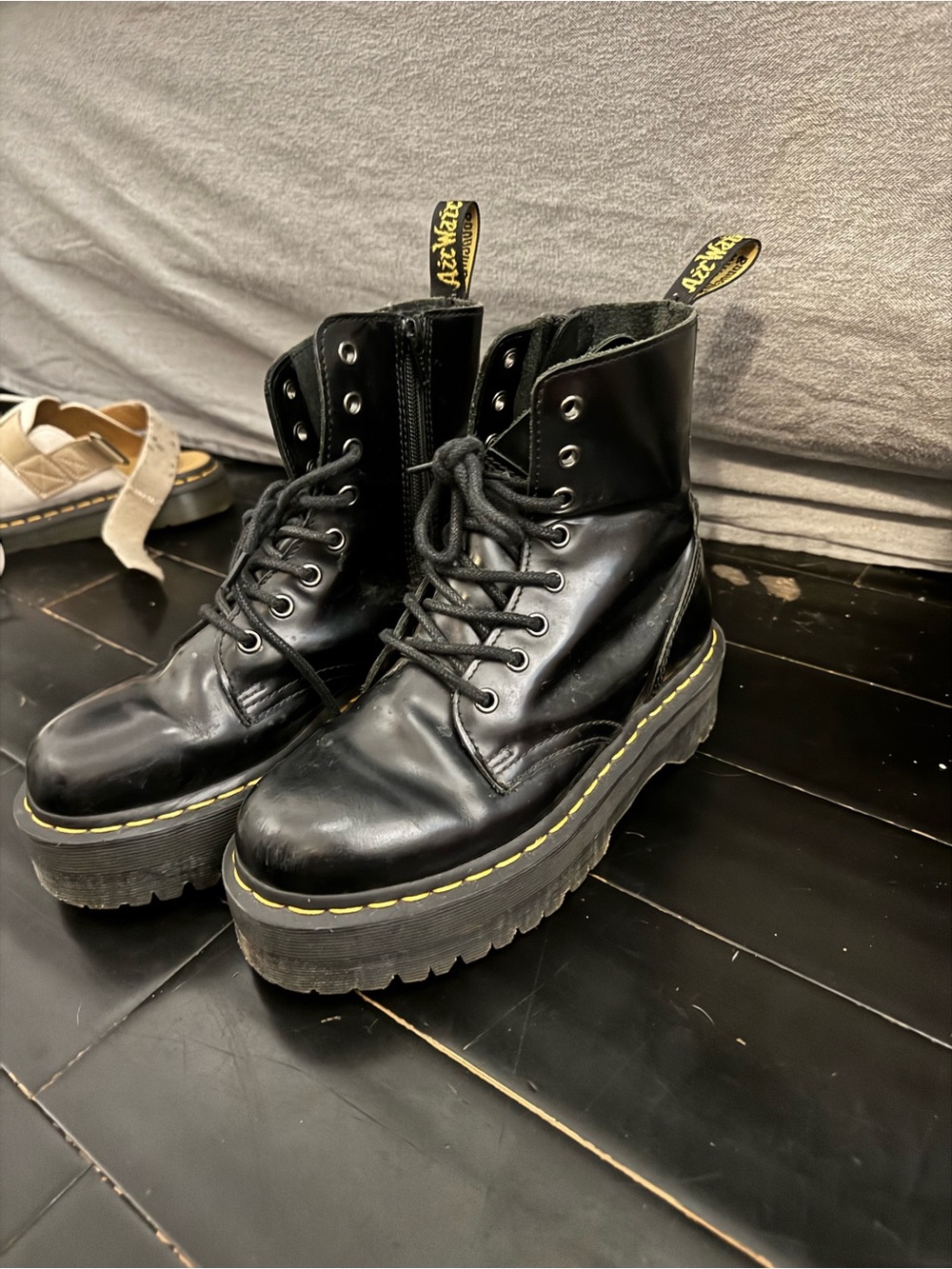 Dr. Martens Black Lace-Up Platform Boots with Yellow Stitching